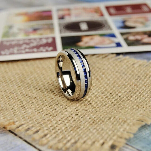 Men's 8mm Brushed Titanium Steel Blue Sapphire CZ Comfort-Fit Wedding Band